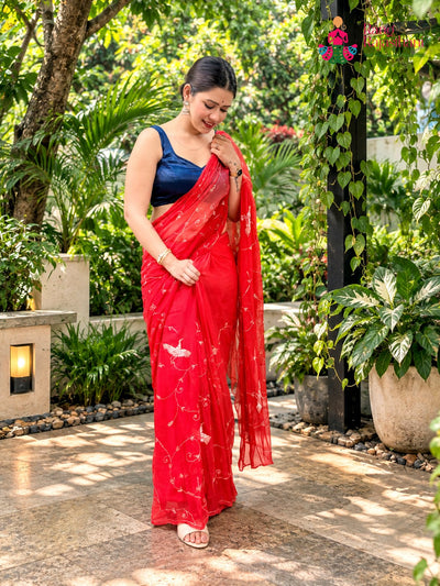 Orange Pure Chiffon Rajputi Aari Tari Saree for Bridal | Designer Collection