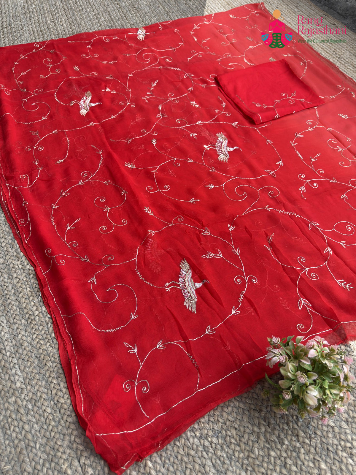 Orange Pure Chiffon Rajputi Aari Tari Saree for Bridal | Designer Collection
