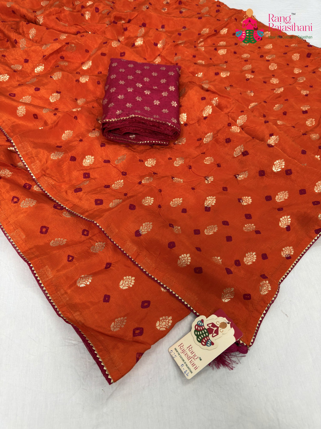 complete look of orange pure dola silk bandhani saree