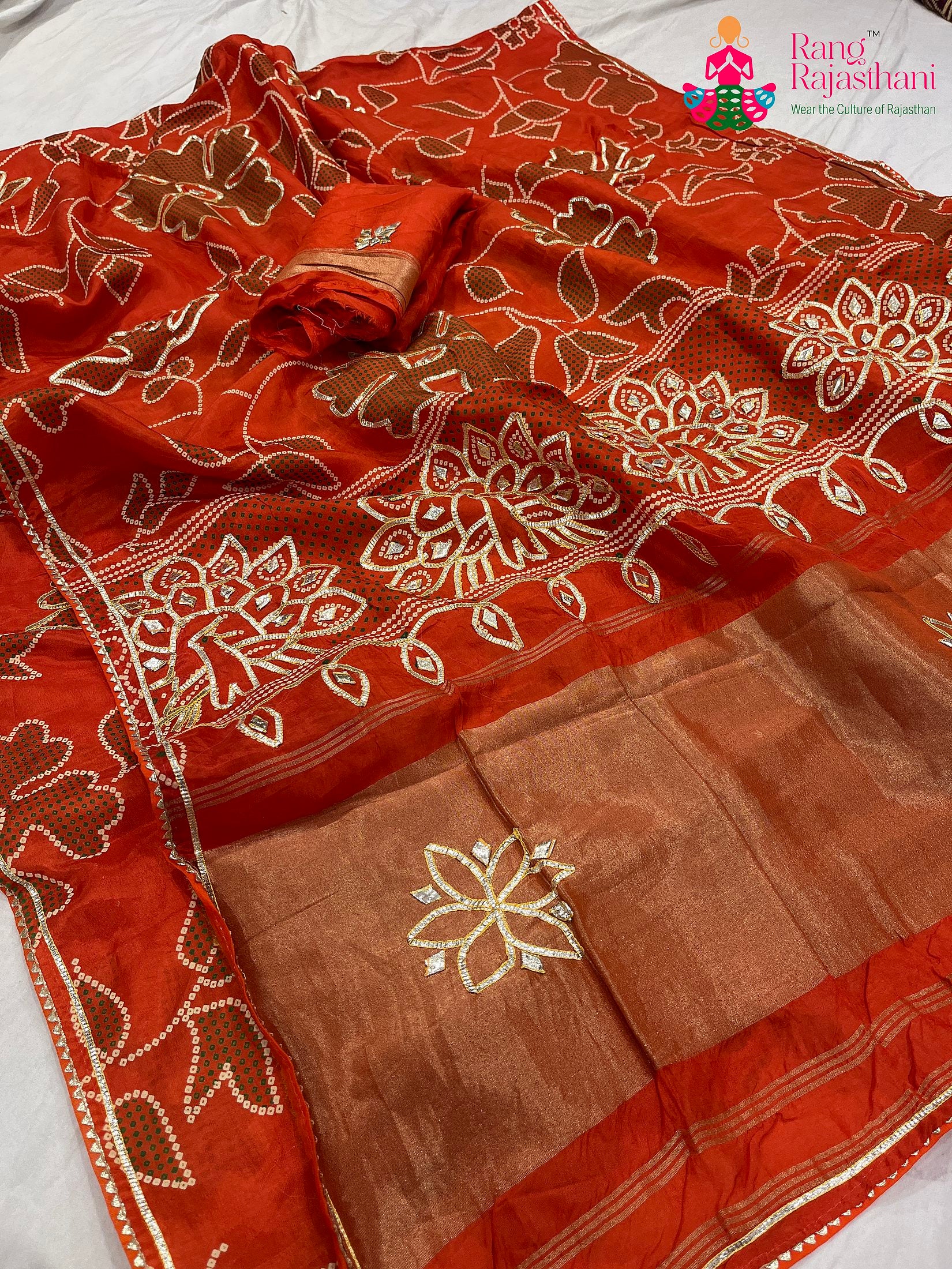 Orange Pure Russian Silk Gota Patti Work Saree : Festive Glow