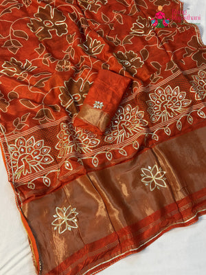 Orange Pure Russian Silk Bandhani Print Saree for Mehendi Ceremony | Ethnic Edit