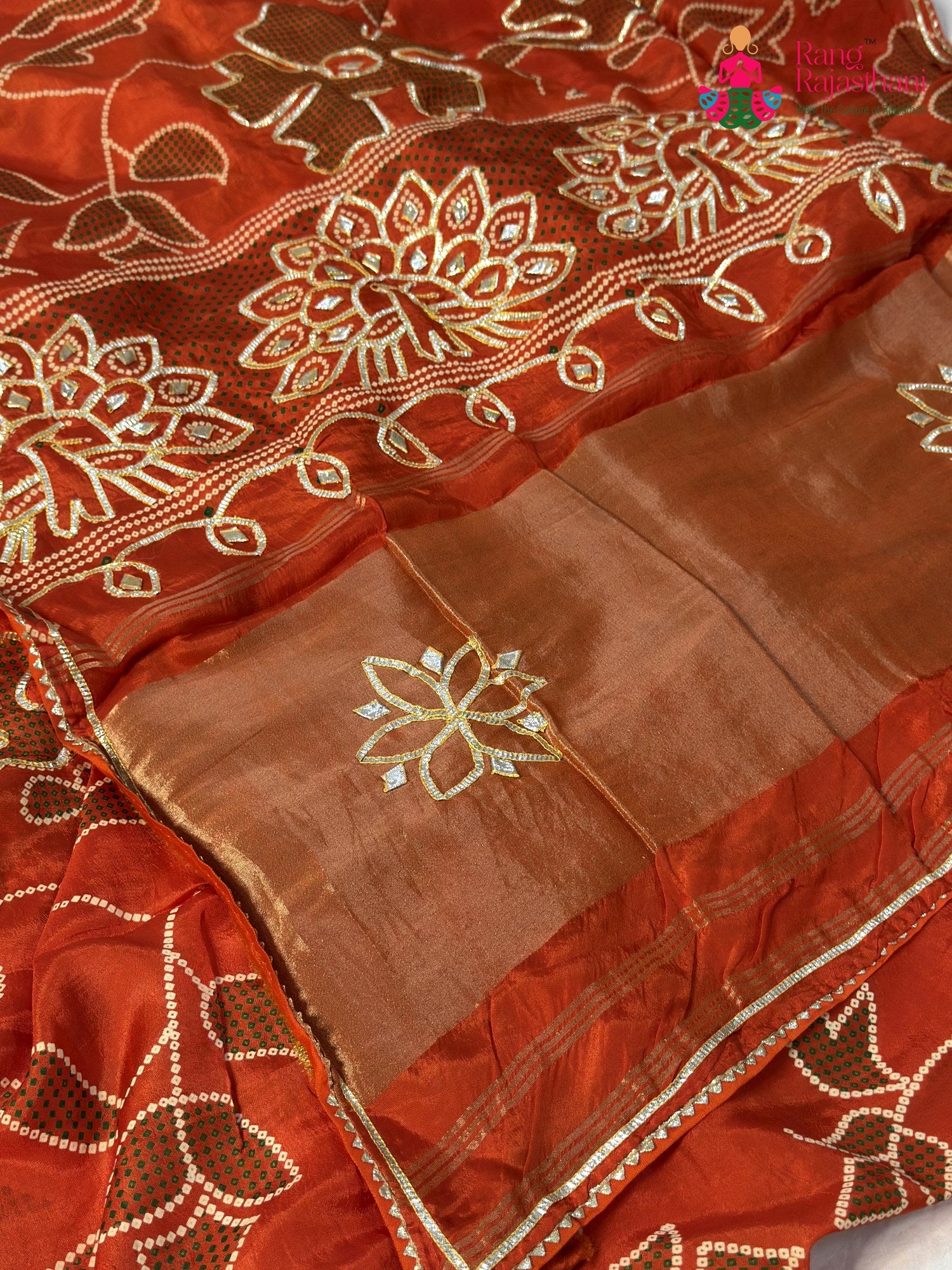 Orange Pure Russian Silk Bandhani Chunri Saree for Mehendi Ceremony | Premium Drape