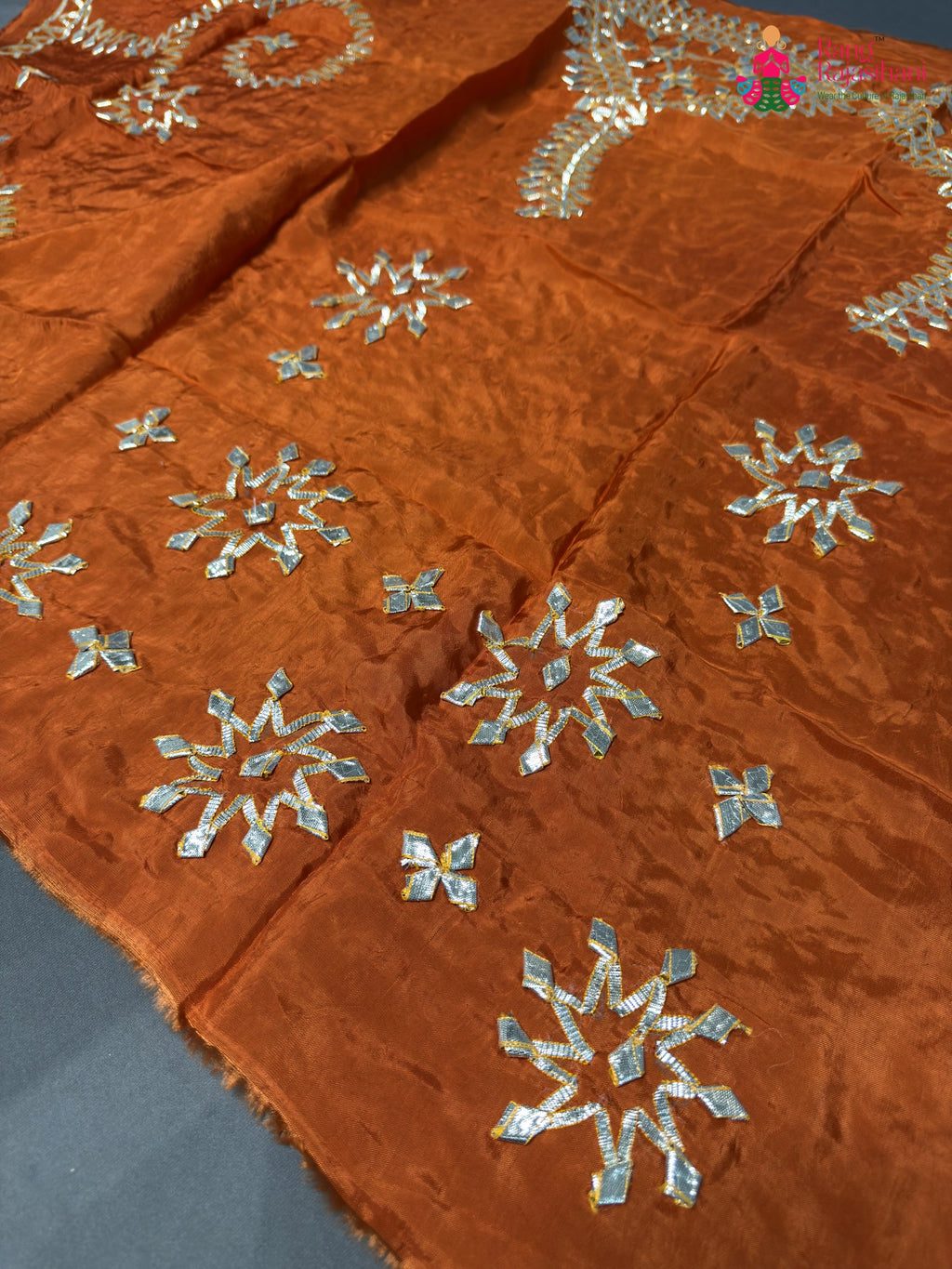 close up detailing of orange pure upada silk gota patti blouse 3807