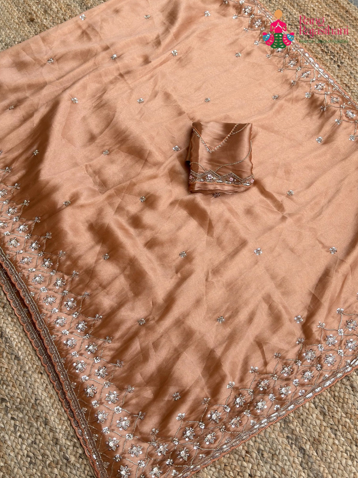 Orange Shimmer Tissue Hand Work Saree for Haldi Ceremony | Shop Online