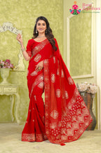 Red Pure Chinon saree with Zari Work side drape view