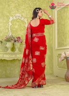 Red Pure Chinon saree with Zari Work back view