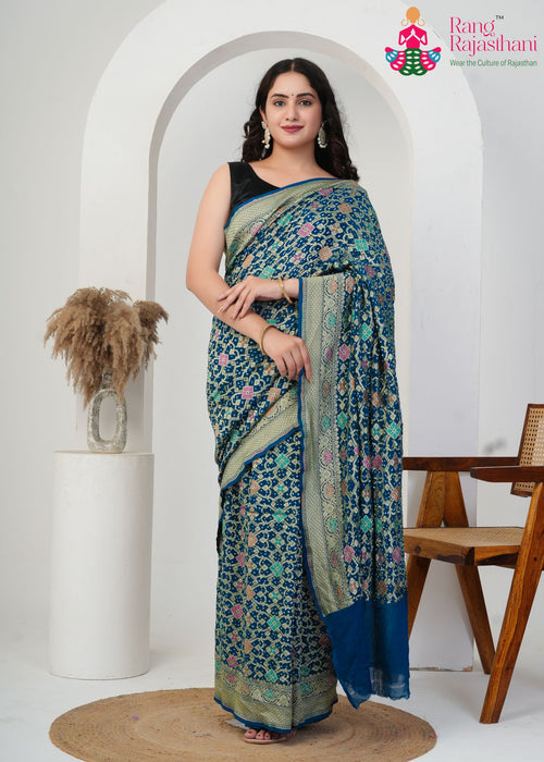 Peacock Blue Pure Georgette Hand-Khaddi Saree : Meenakari Bandhani Charm