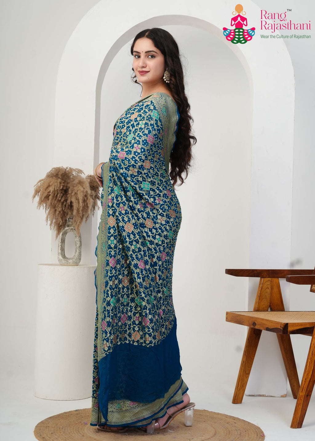 Mor Pitch Pure Khadi Georgette saree with Khaddi Work pleats view