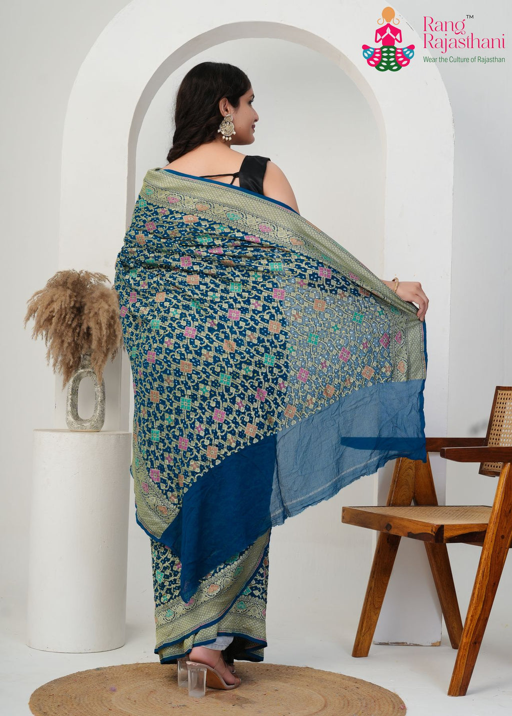 Mor Pitch Pure Khadi Georgette saree with Khaddi Work back view