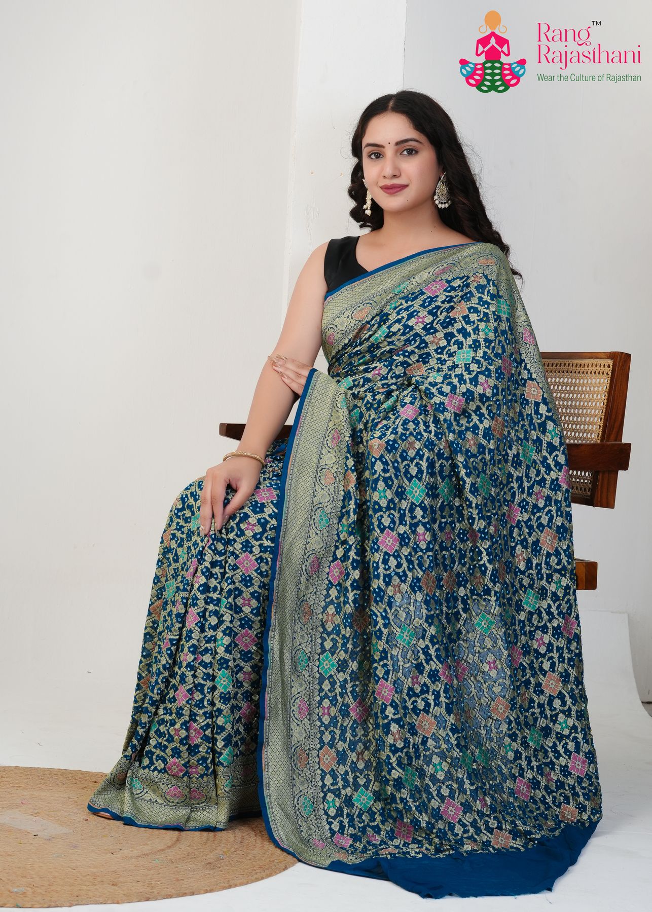Navy Pure Georgette Hand-Khaddi Saree : Meenakari Bandhani Charm