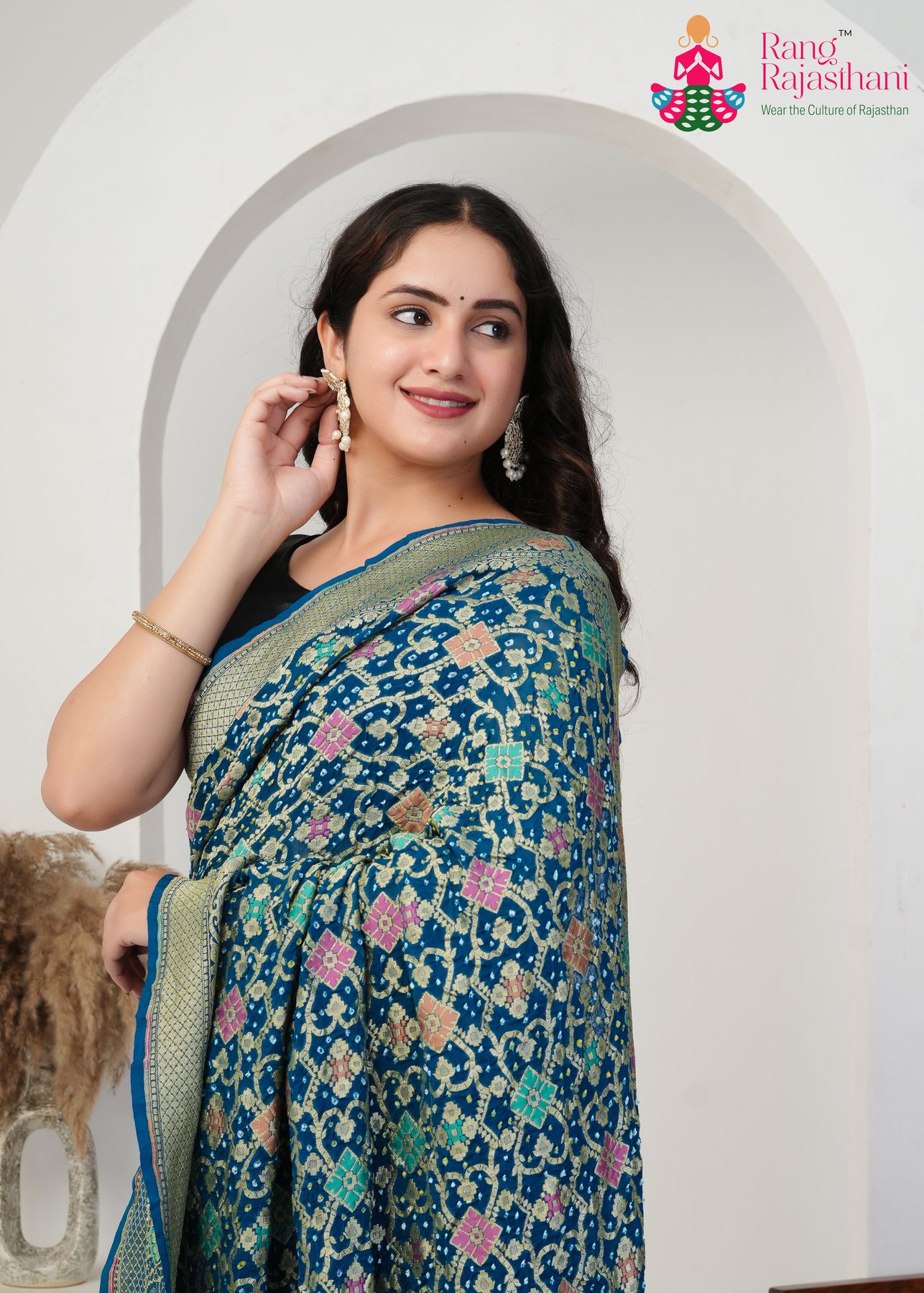 Navy Pure Georgette Hand-Khaddi Saree : Meenakari Bandhani Charm