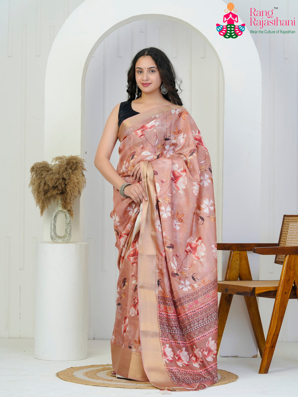 peach Imported Party saree with Printed from Rang Rajasthani