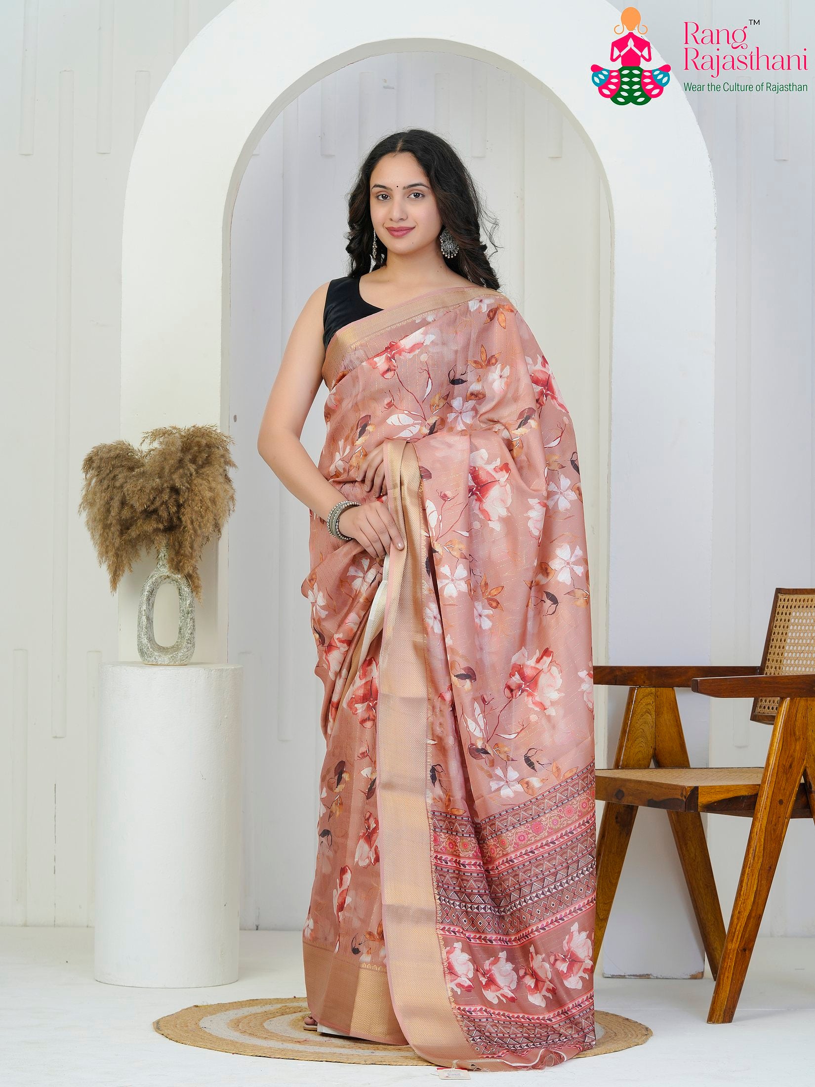 peach Imported Party saree with Printed from Rang Rajasthani