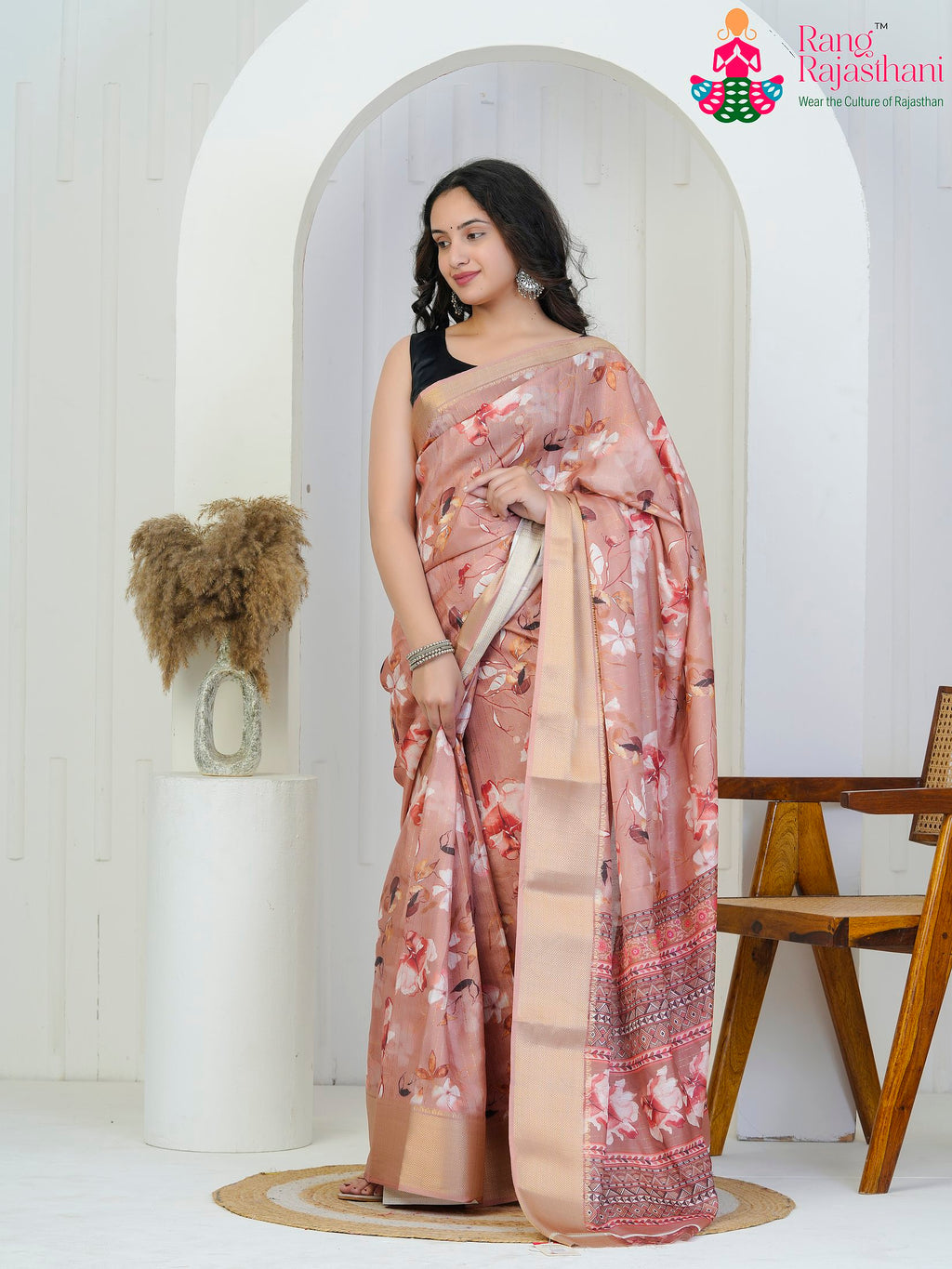 peach Imported saree with Printed side drape view