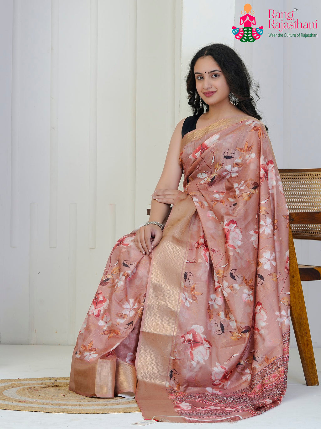 peach Imported saree with Printed pallu detailing