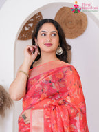 peach Imported saree with Printed close up detailing