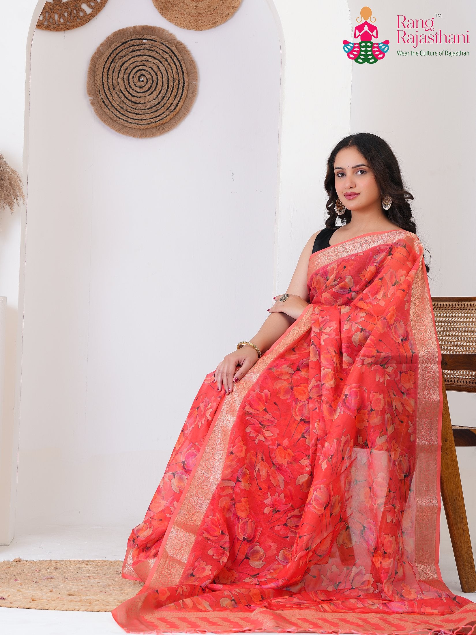 peach Imported saree with Printed pallu detailing