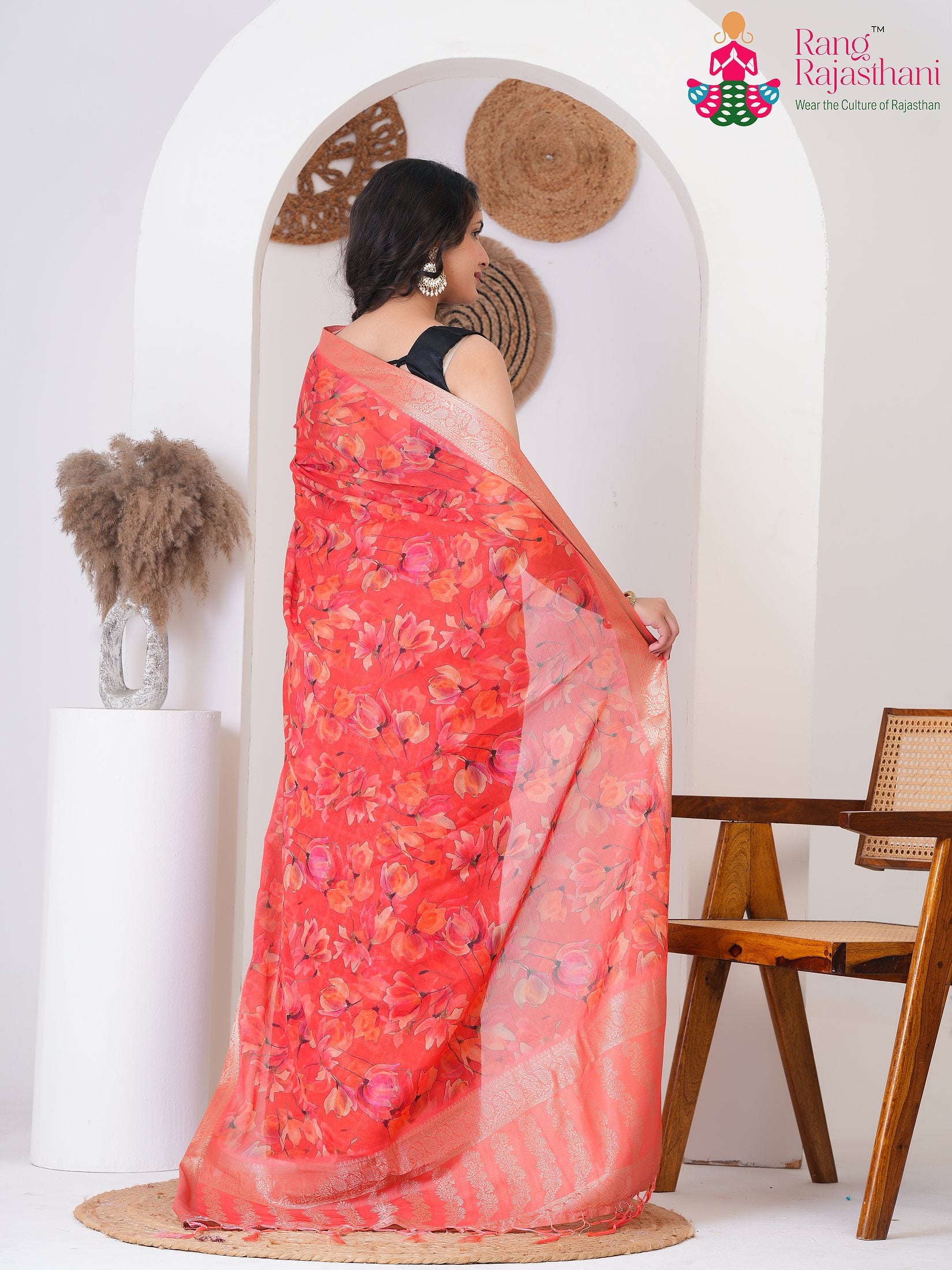 peach Imported saree with Printed back view