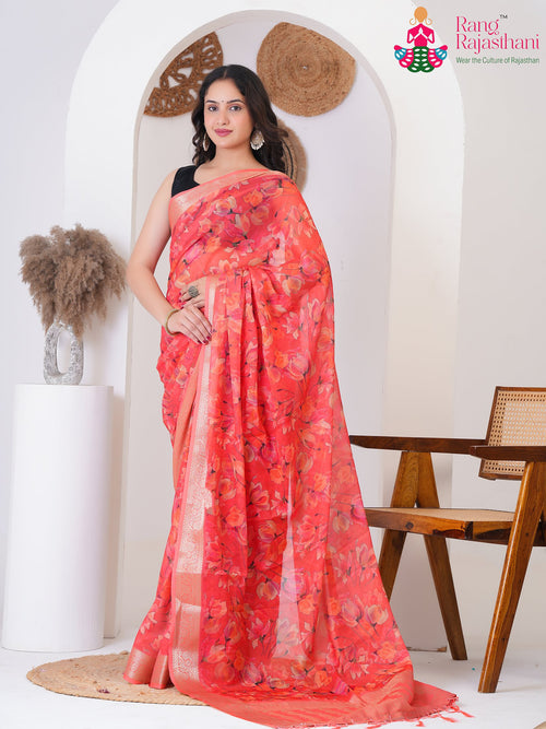 Peach Synthetic Printed Saree for Raksha Bandhan | Artisan Craft main-image