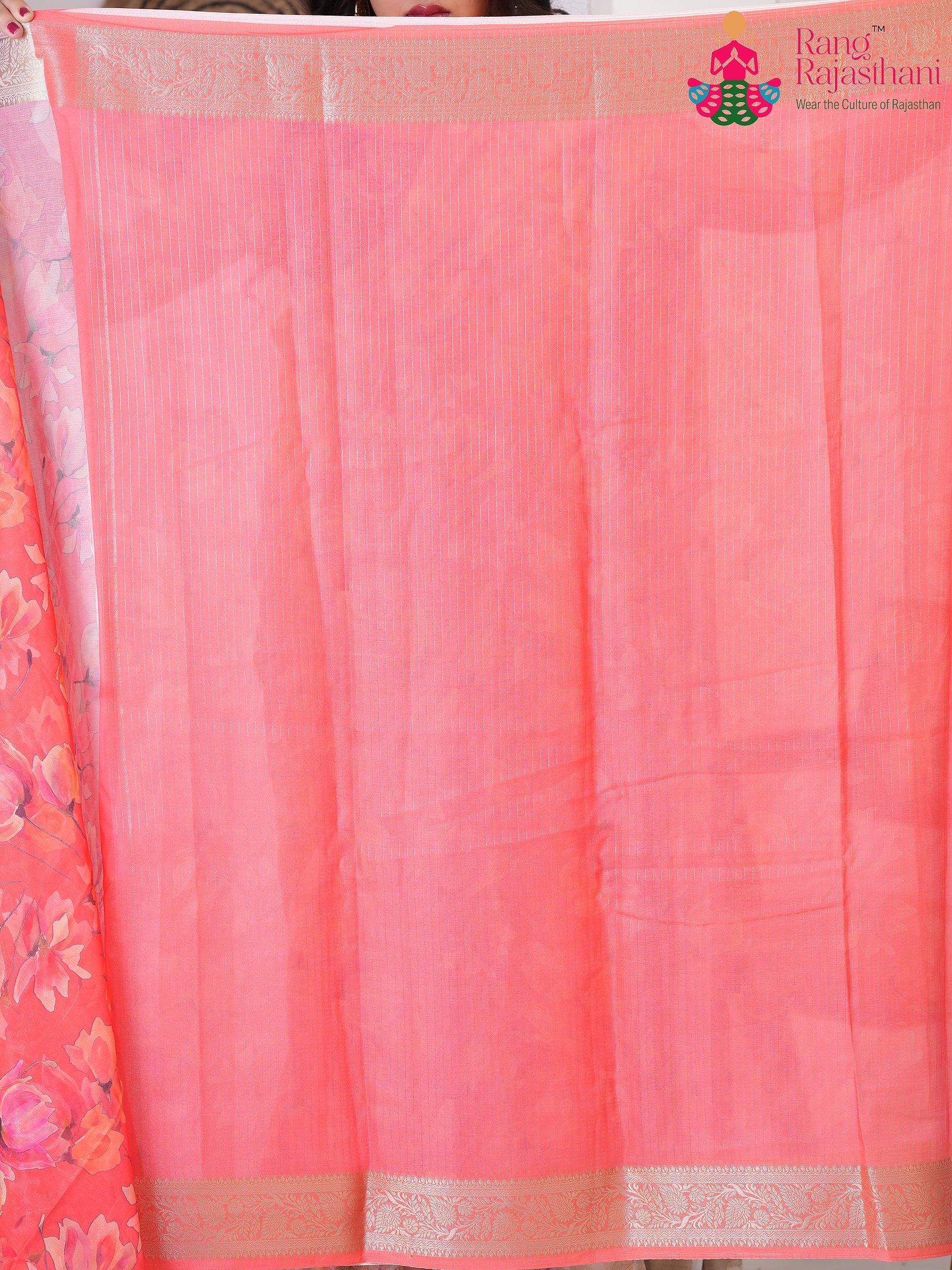 peach Imported saree with Printed pleats view