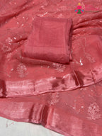 design pattern of peach chiffon resham embroidery saree