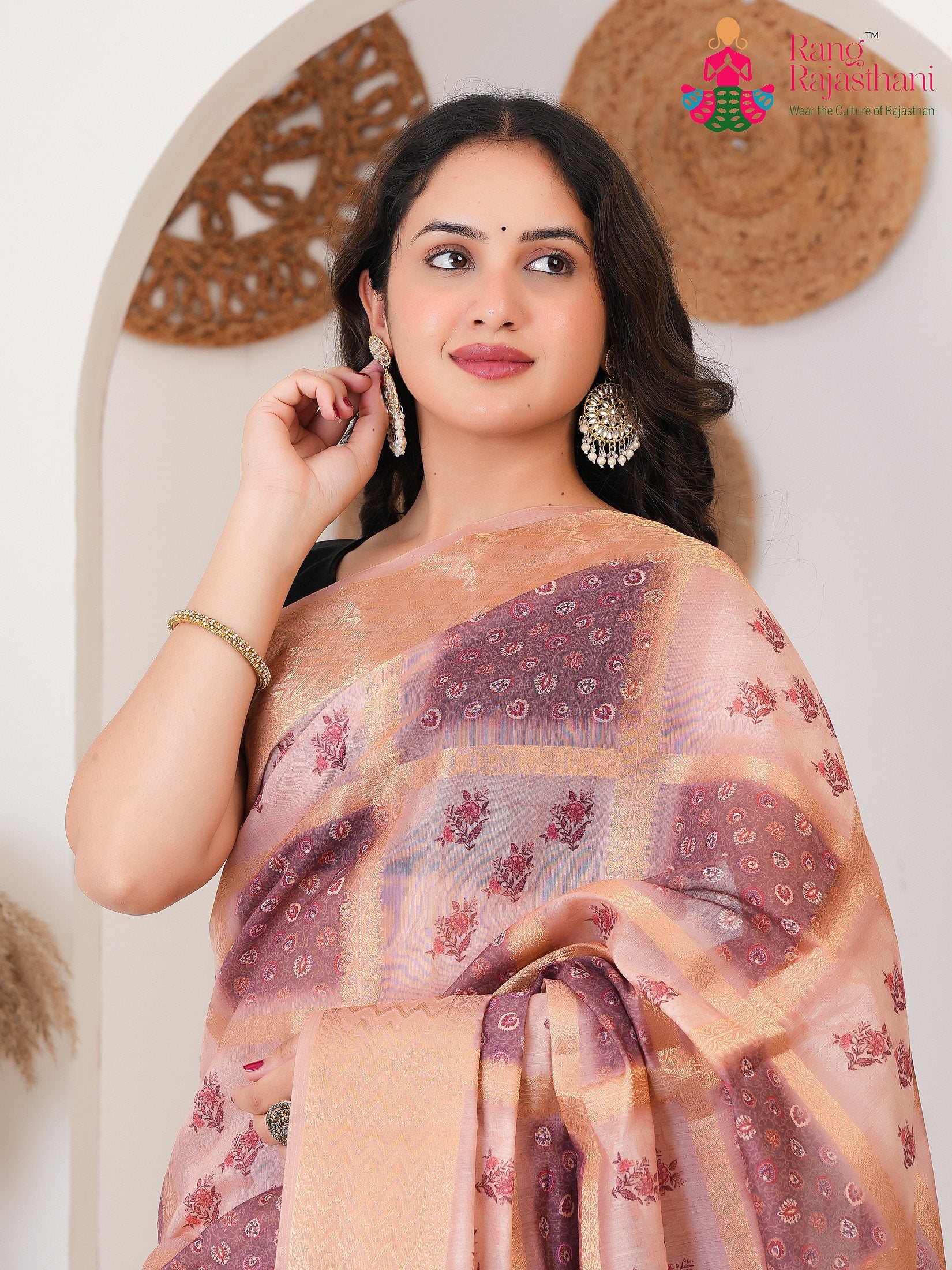 peach SyntheticSilk saree with Printed close up detailing