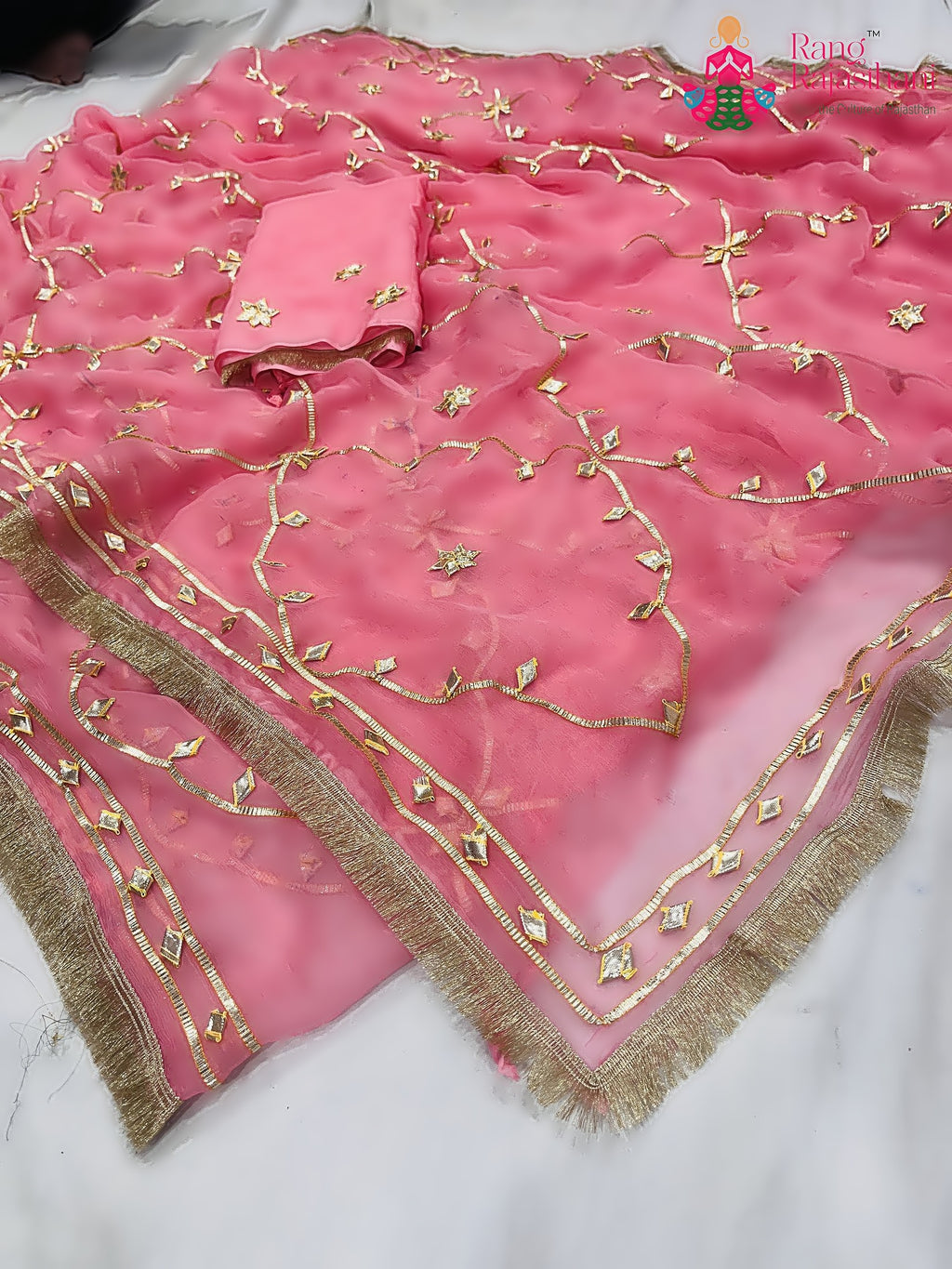 Peach Pure Chiffon Gota Patti Work Saree : Soft Charm