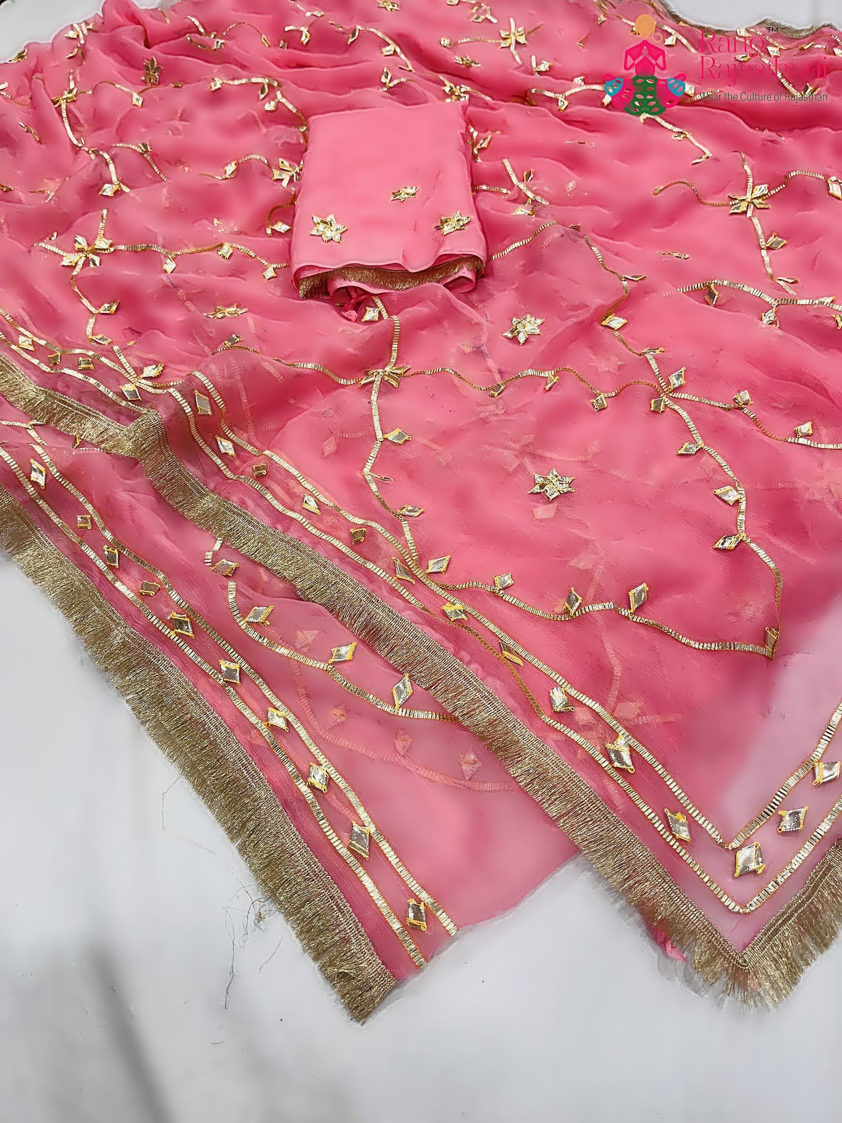 Peach Pure Chiffon Gota Patti Work Saree : Soft Charm