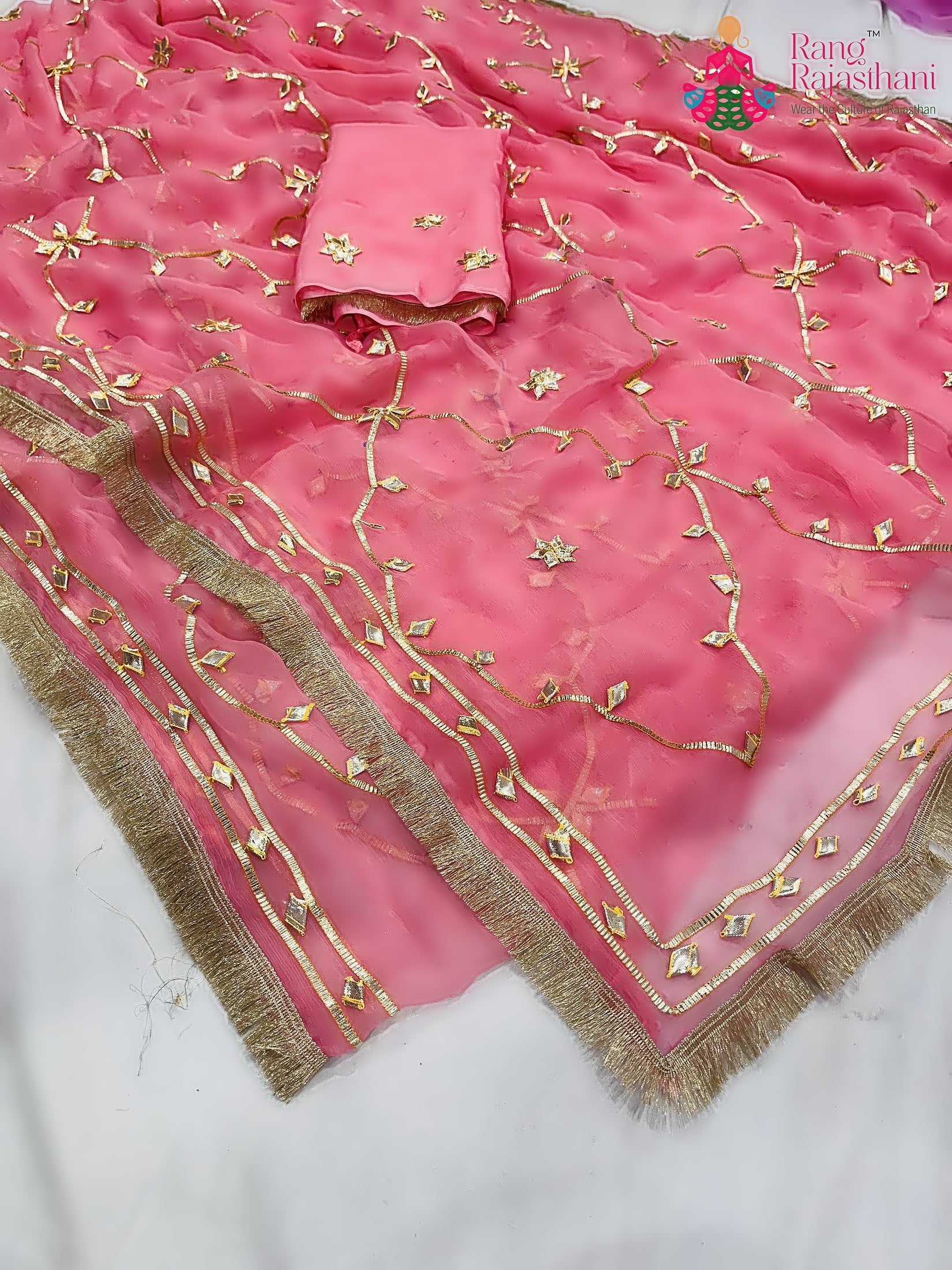 Peach Pure Chiffon Gota Patti Work Saree : Soft Charm