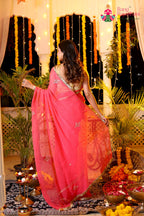 Peach Pure Chiffon Rajputi Aari Tari Saree for Red Puja Sarees | Exclusive Pick
