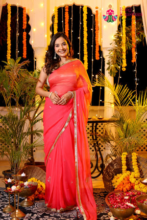 Peach Pure Chiffon Rajputi Aari Tari Saree for Red Puja Sarees | Exclusive Pick