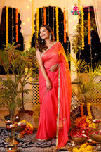 Peach Pure Chiffon Rajputi Aari Tari Saree for Red Puja Sarees | Exclusive Pick