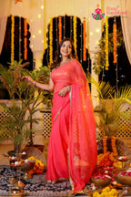 Peach Pure Chiffon Rajputi Aari Tari Saree for Red Puja Sarees | Exclusive Pick