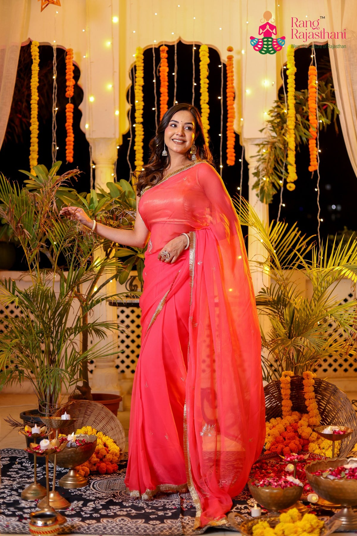 Peach Pure Chiffon Rajputi Aari Tari Saree for Red Puja Sarees | Exclusive Pick