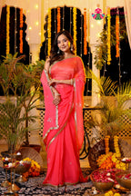 Peach Pure Chiffon Rajputi Aari Tari Saree for Red Puja Sarees | Exclusive Pick