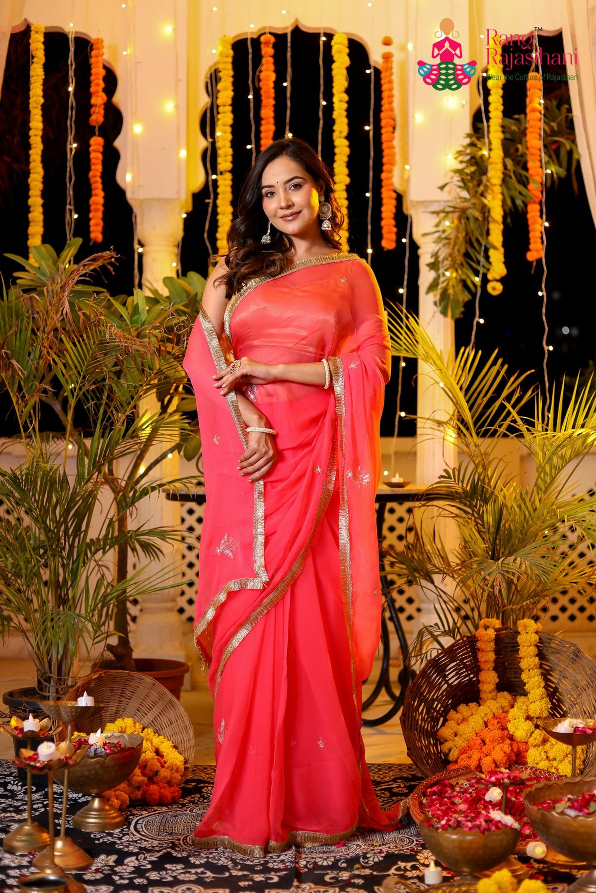Peach Pure Chiffon Rajputi Aari Tari Saree for Red Puja Sarees | Exclusive Pick