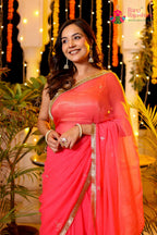 Peach Pure Chiffon Rajputi Aari Tari Saree for Red Puja Sarees | Exclusive Pick