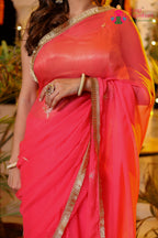 Peach Pure Chiffon Rajputi Aari Tari Saree for Red Puja Sarees | Exclusive Pick