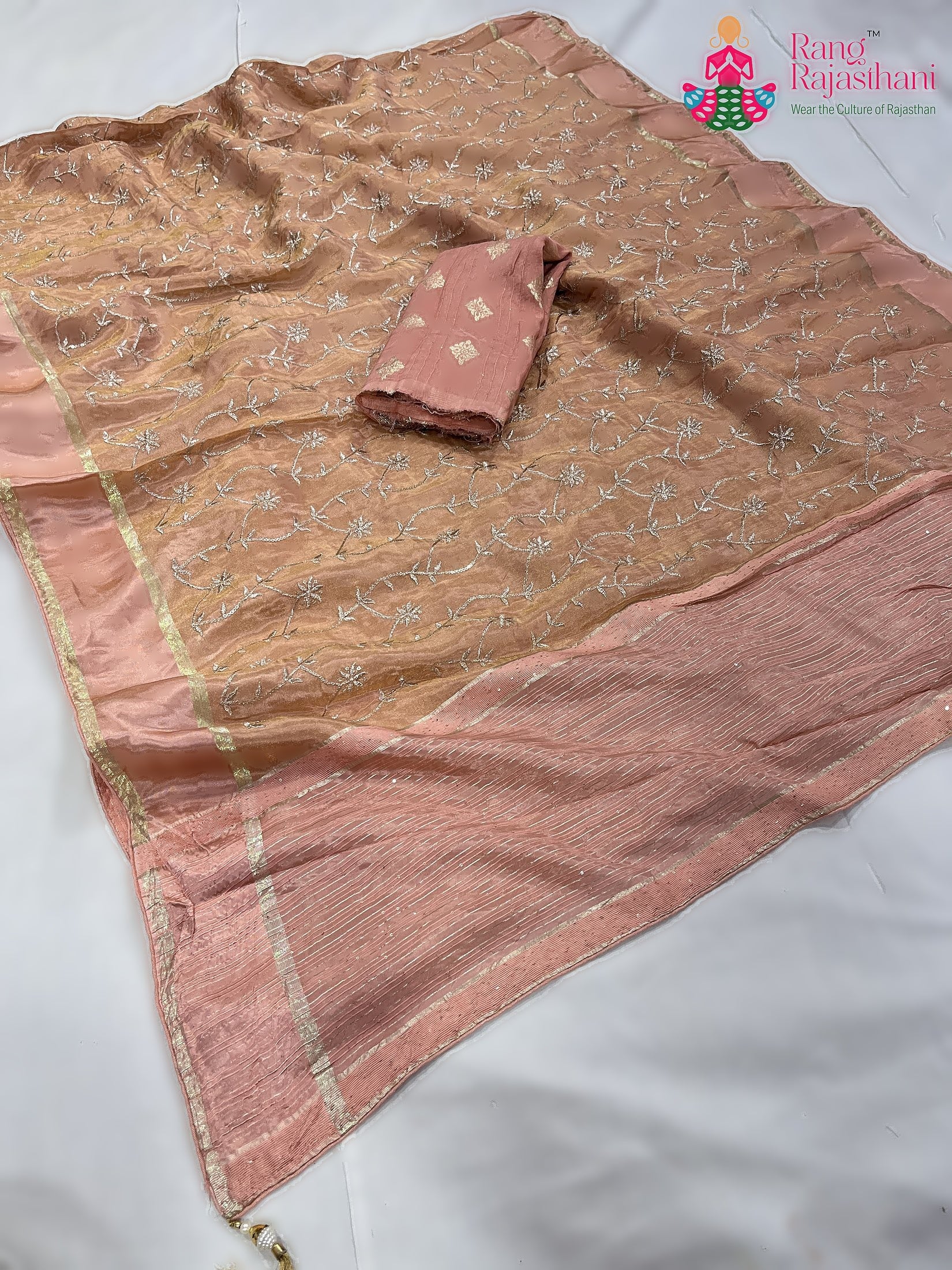 Peach Pure Tissue Silk Zari Embroidery Saree : Gentle Ease