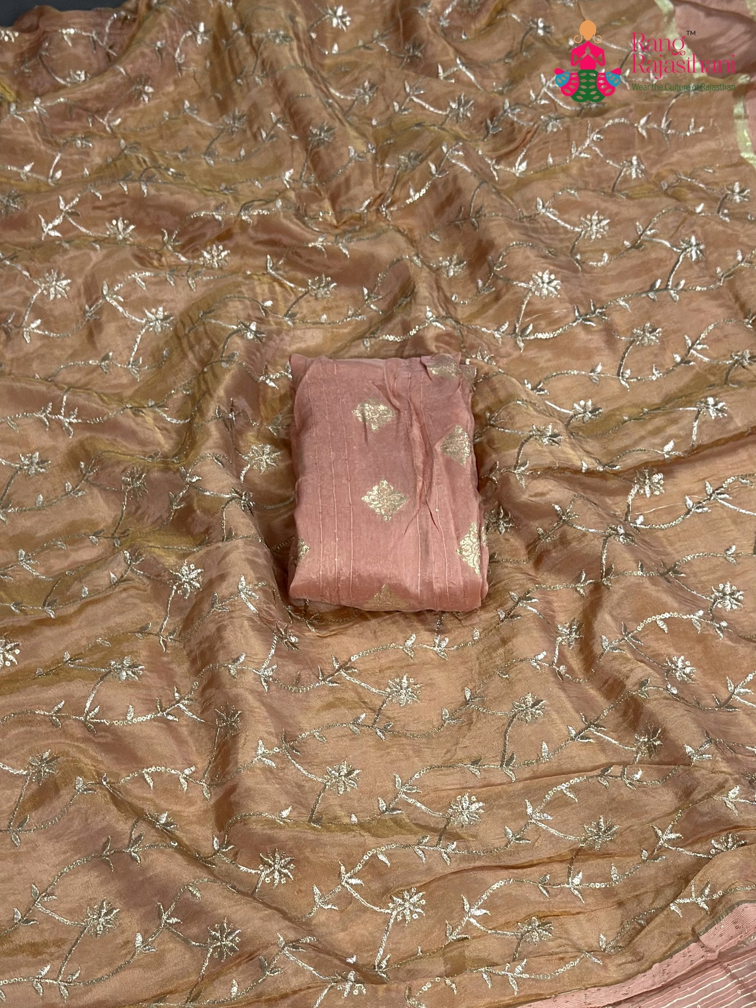 Peach Pure Tissue Silk Zari Embroidery Saree for Festive Celebration | Artisan Craft
