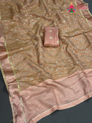 Peach Pure Tissue Silk Zari Embroidery Saree for Festive Celebration | Artisan Craft