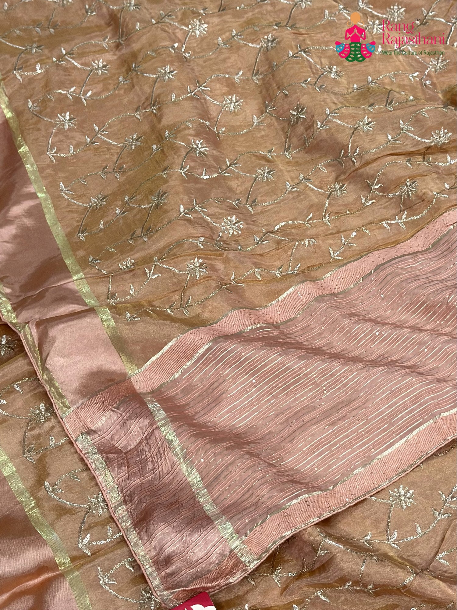 Peach Pure Tissue Silk Zari Embroidery Saree for Festive Celebration | Artisan Craft