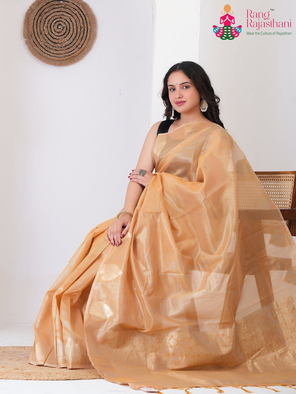 peach Kota Pure Silk saree with Printed pallu detailing