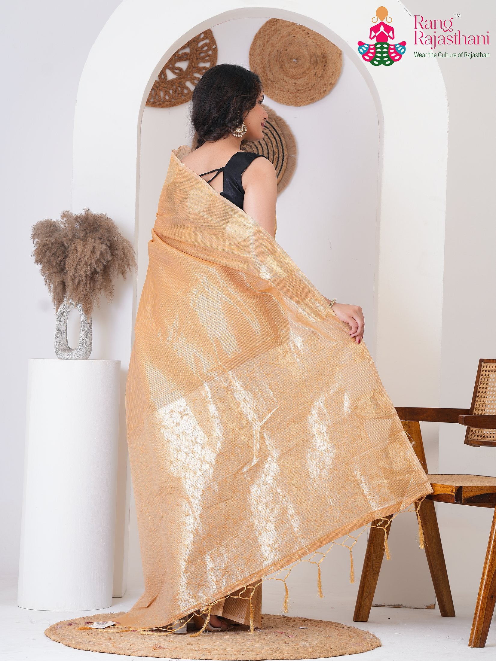 peach KotaPureSilk saree with Printed back view