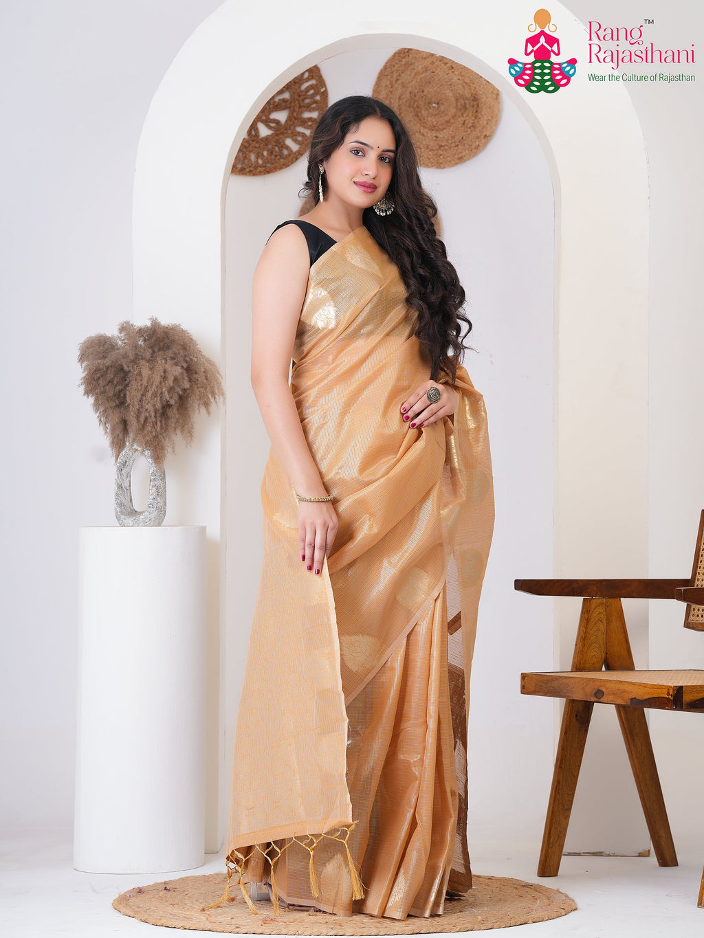 peach Kota Pure Silk saree with Printed side drape view