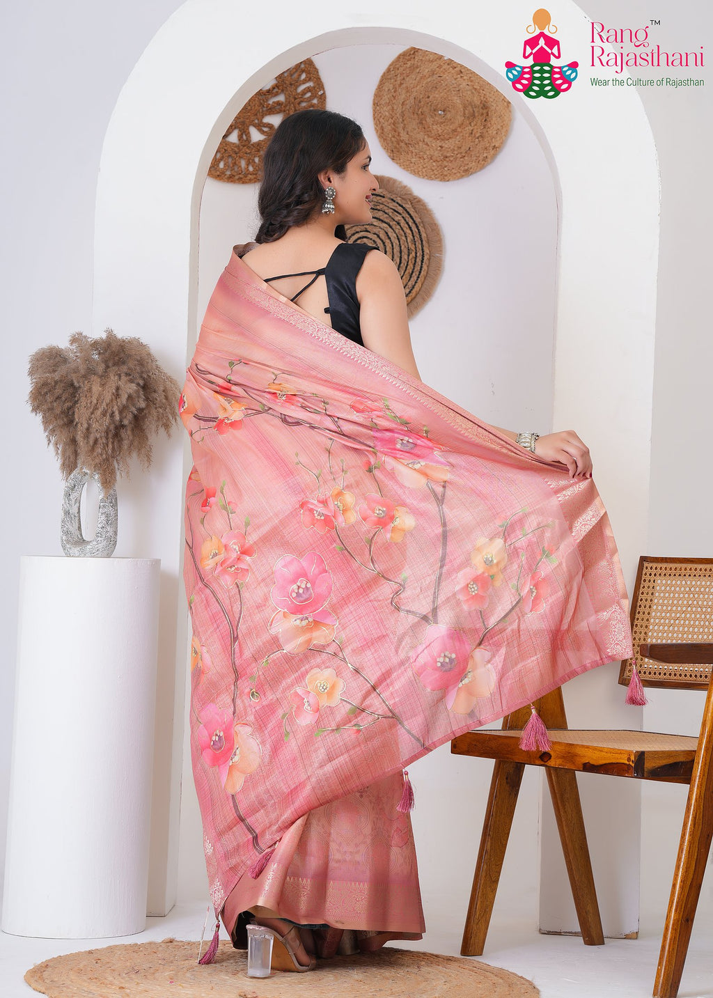 Pink Imported saree with Printed back view