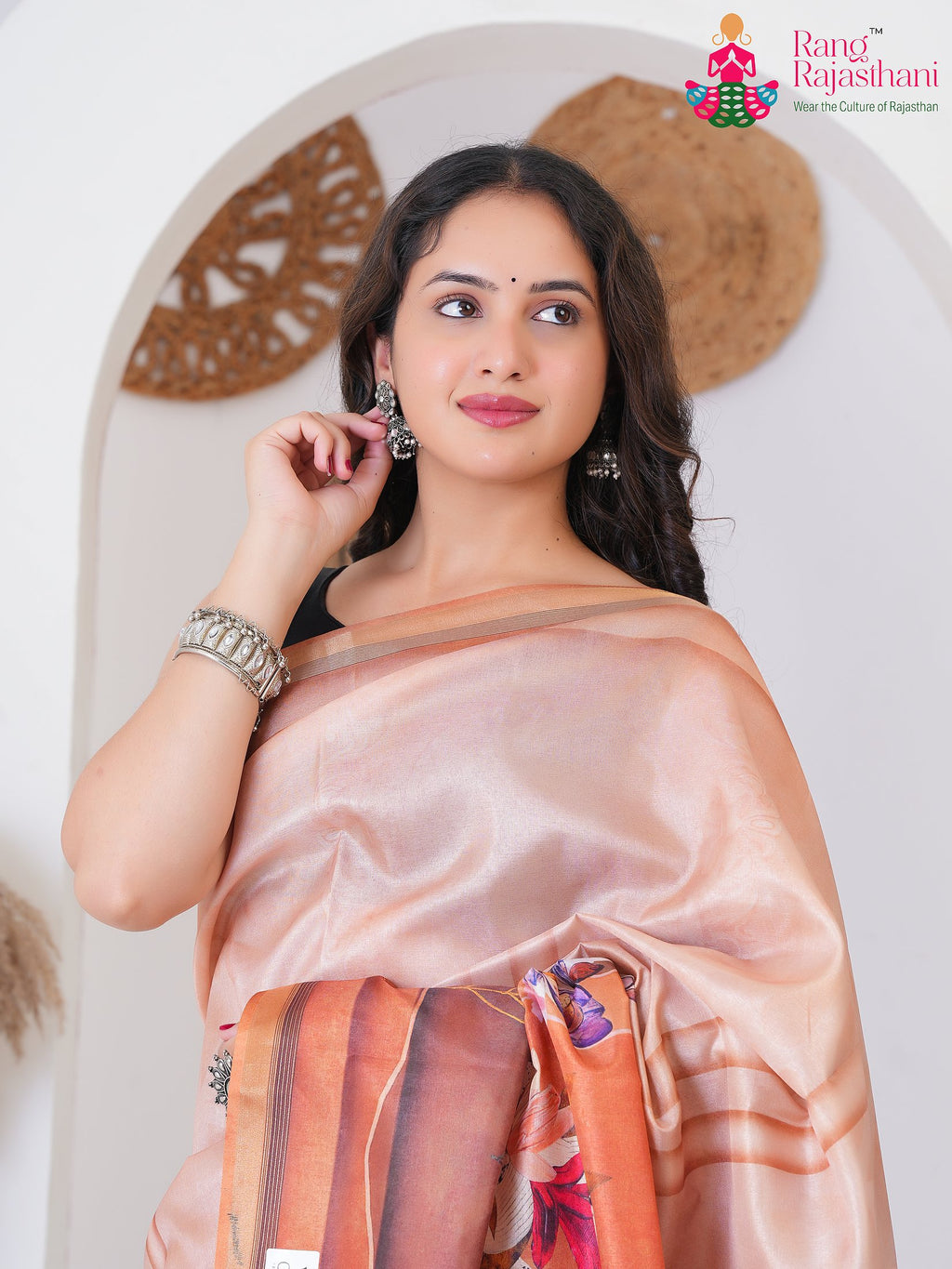 Peach Imported saree with Printed close up detailing
