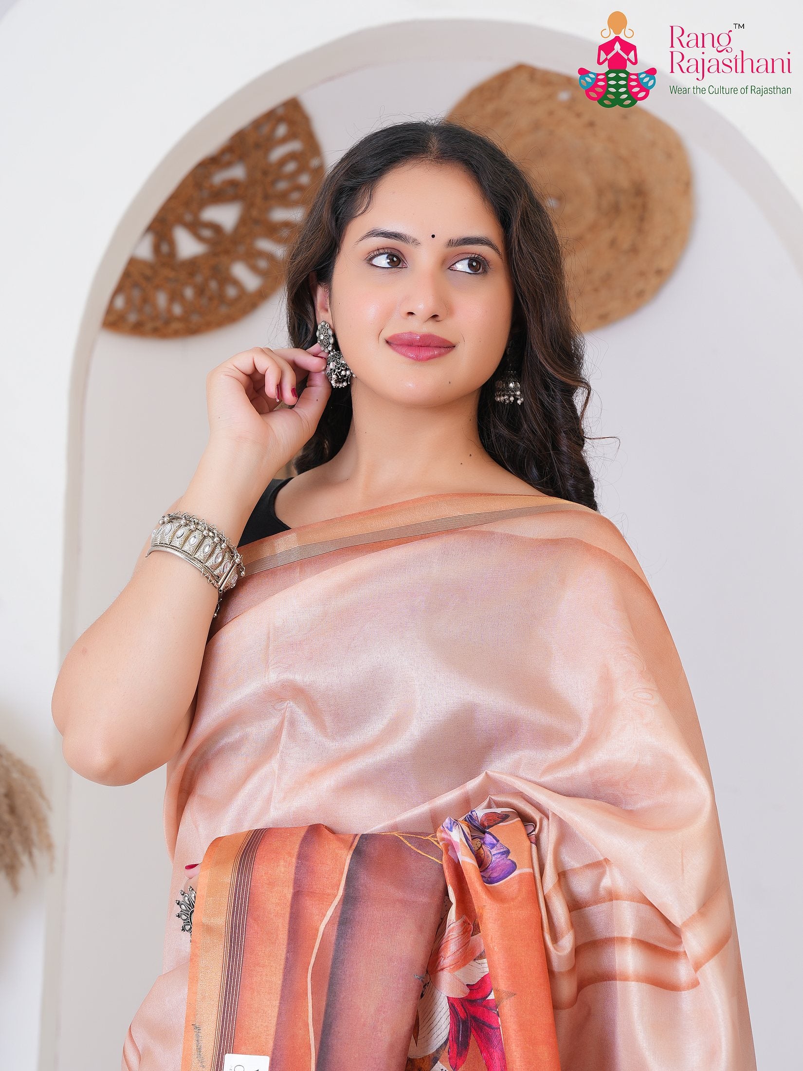 Peach Imported saree with Printed close up detailing