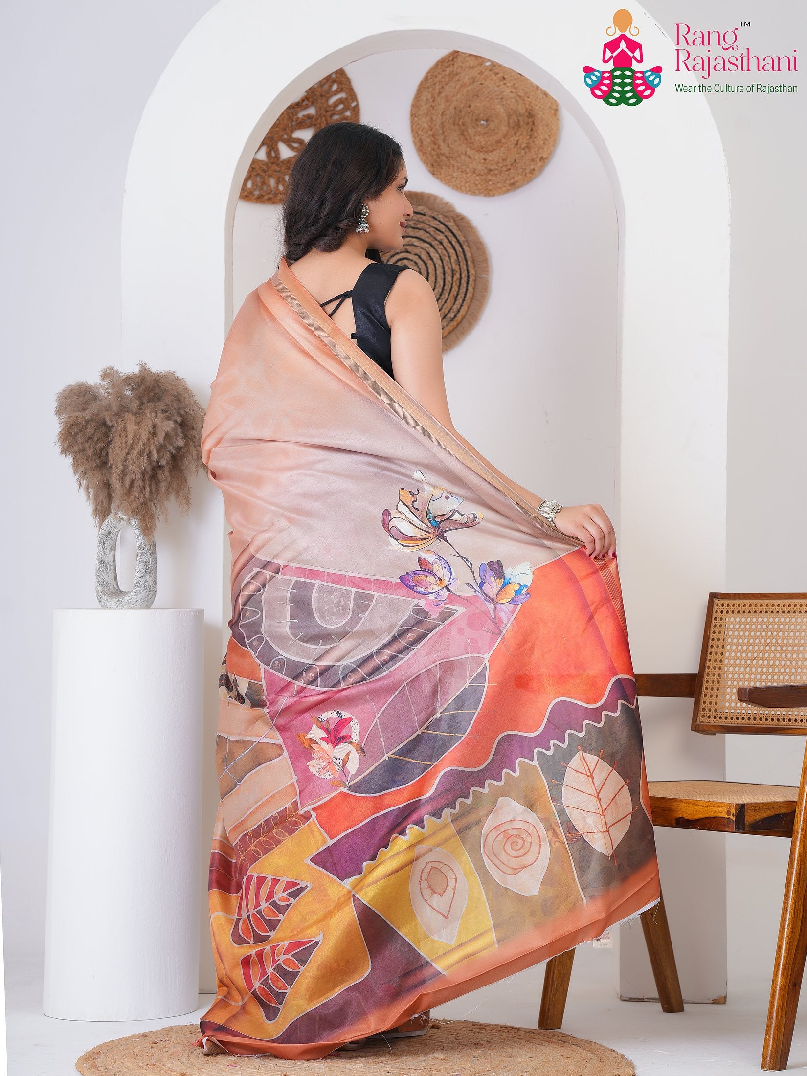 Peach Imported saree with Printed back view