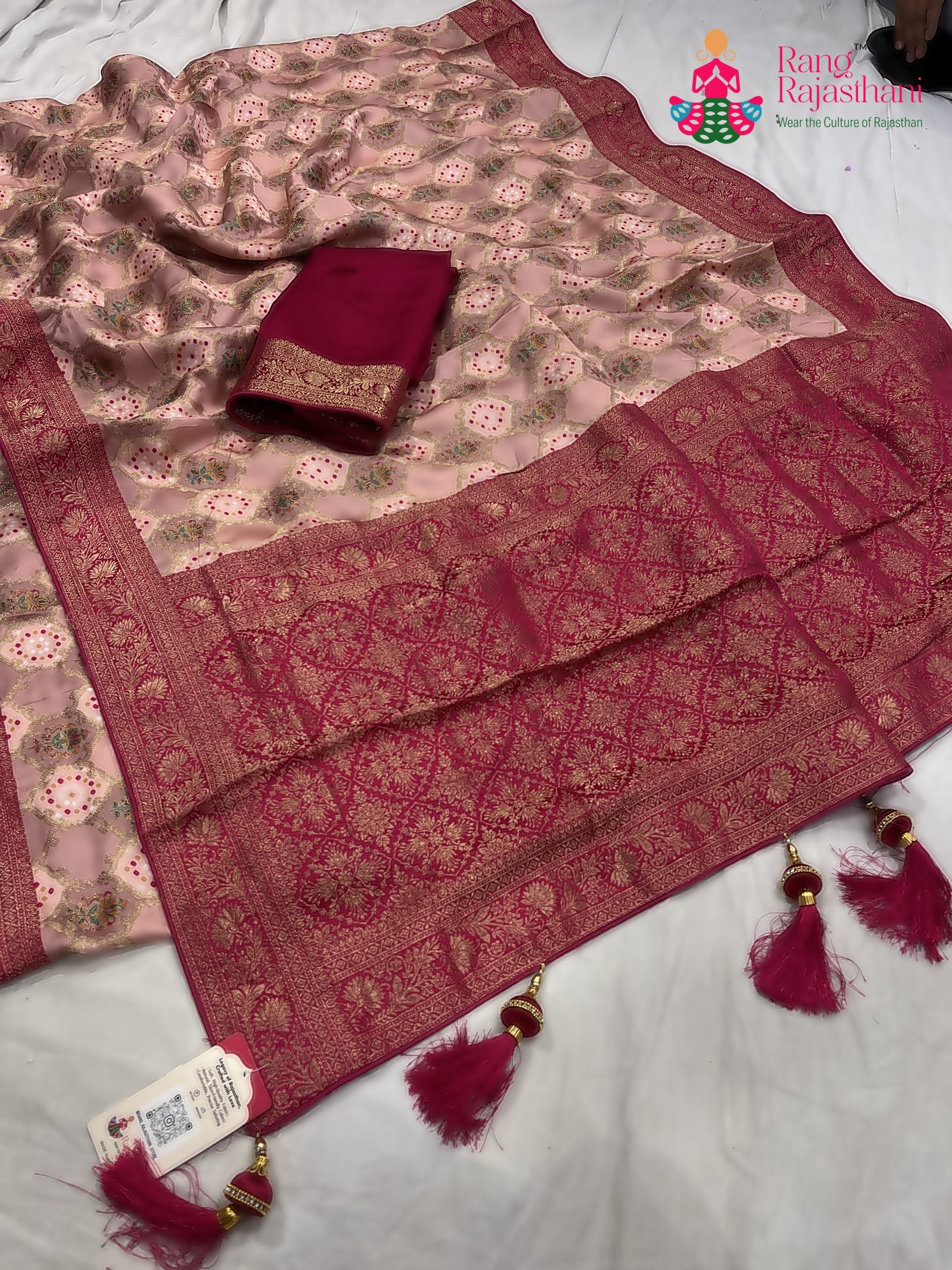 complete look of pink art silk meenakari zari saree 